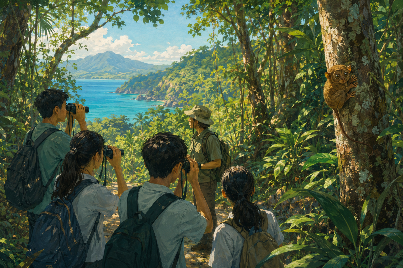 Ilustrasi siswa mengamati hutan bersama pemandu, dengan tarsius jauh dari pengunjung.