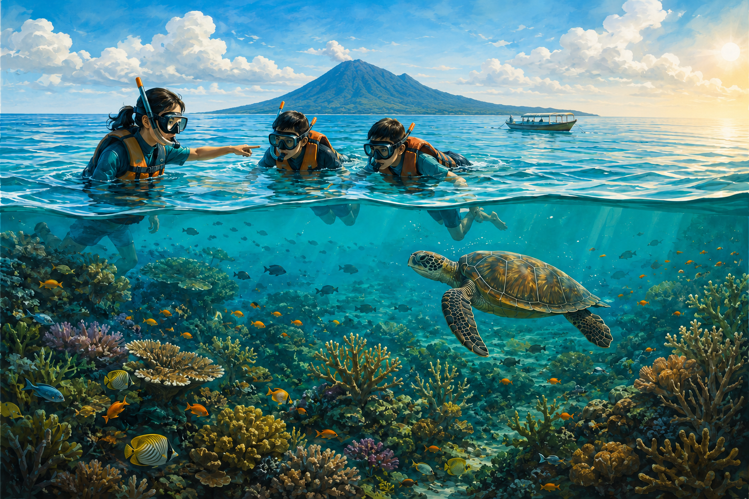 Ilustrasi edukasi bahari di laut tropis dengan terumbu karang, penyu dan peserta berpelampung.