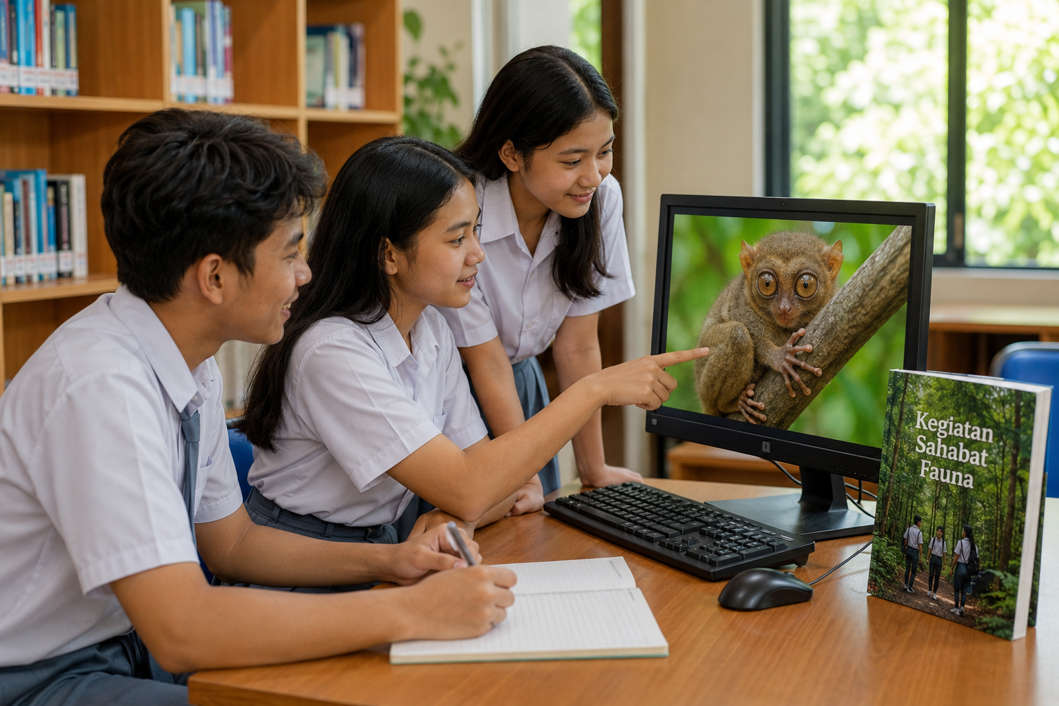 Ilustrasi siswa mendokumentasikan kegiatan dan menyiapkan publikasi Sahabat Fauna.