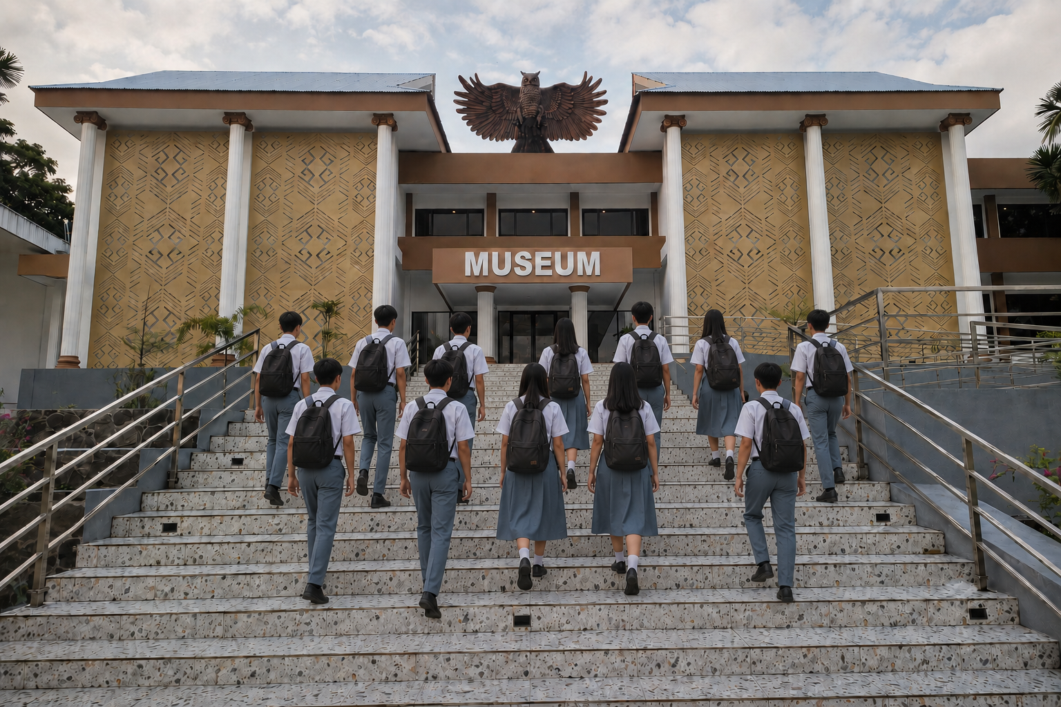 Siswa berseragam putih abu-abu menaiki tangga menuju gedung museum.