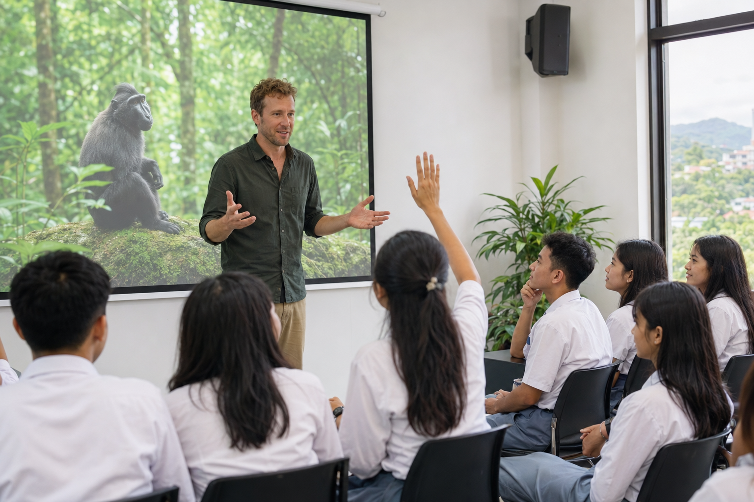 Ilustrasi seminar konservasi bersama narasumber dan siswa Sahabat Fauna.