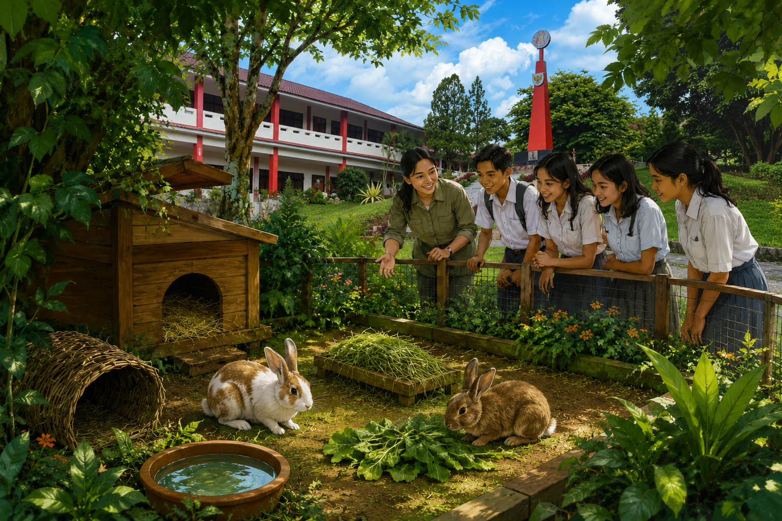 Ilustrasi konsep taman edukasi hewan sekolah dengan kelinci di area teduh dan lapang.
